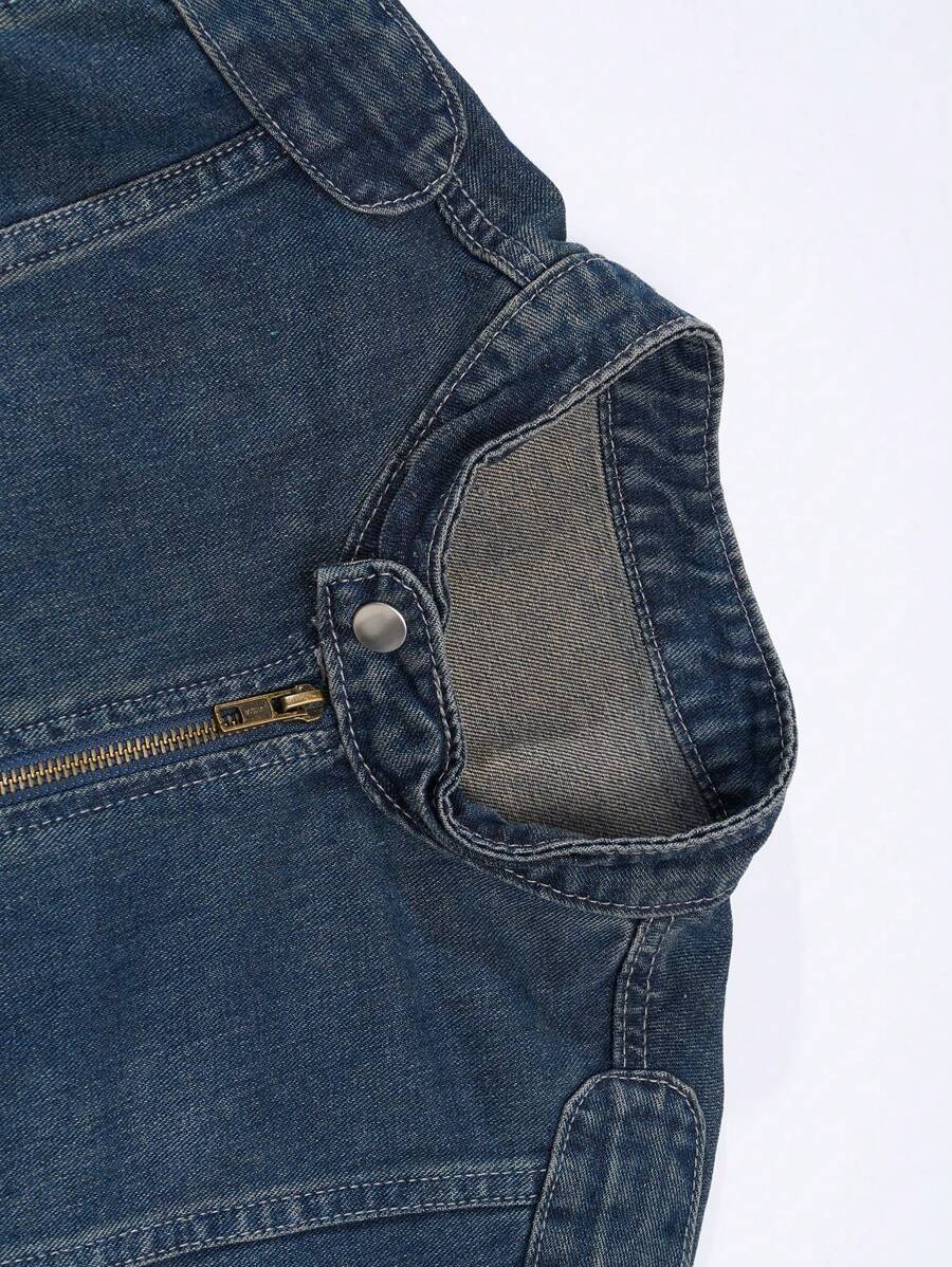 Manfinity Homme Men's Biker-Style Zip-Up Denim Jacket With Collar For Men, For Fall