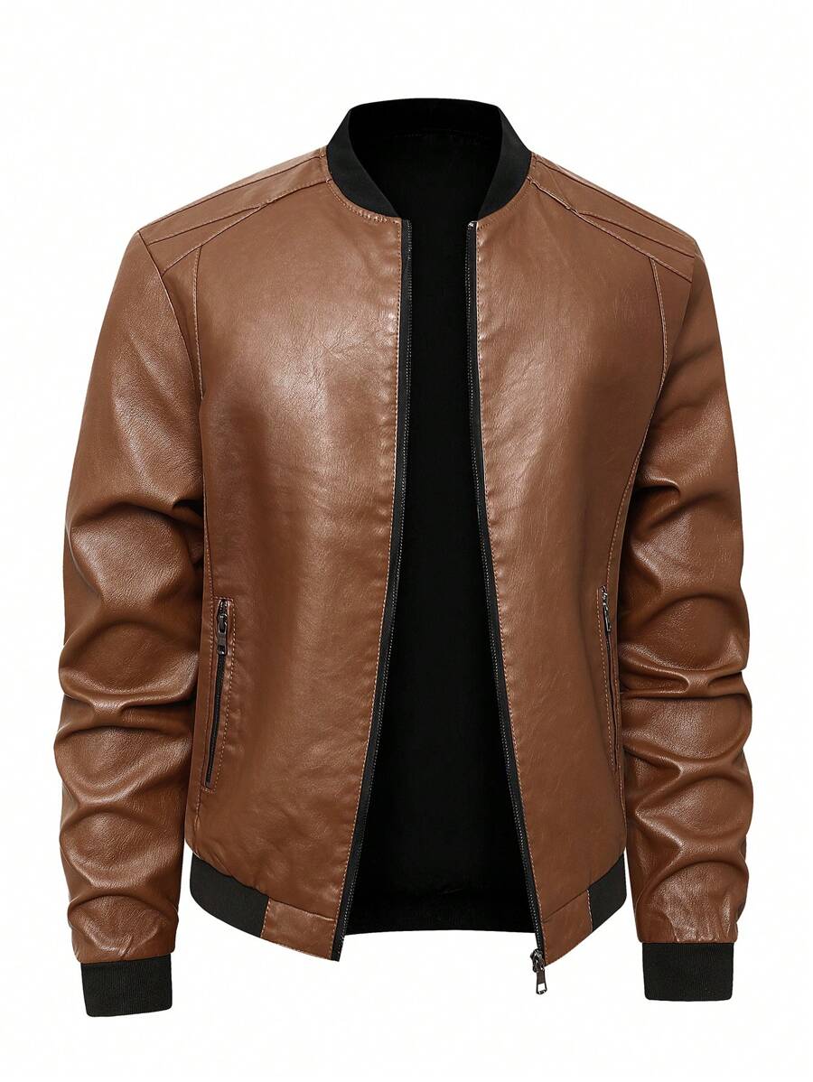 Men's PU Leather Pilot Jacket, Casual Long Sleeve Zippered Baseball Collar Coat With Pockets,Fleece