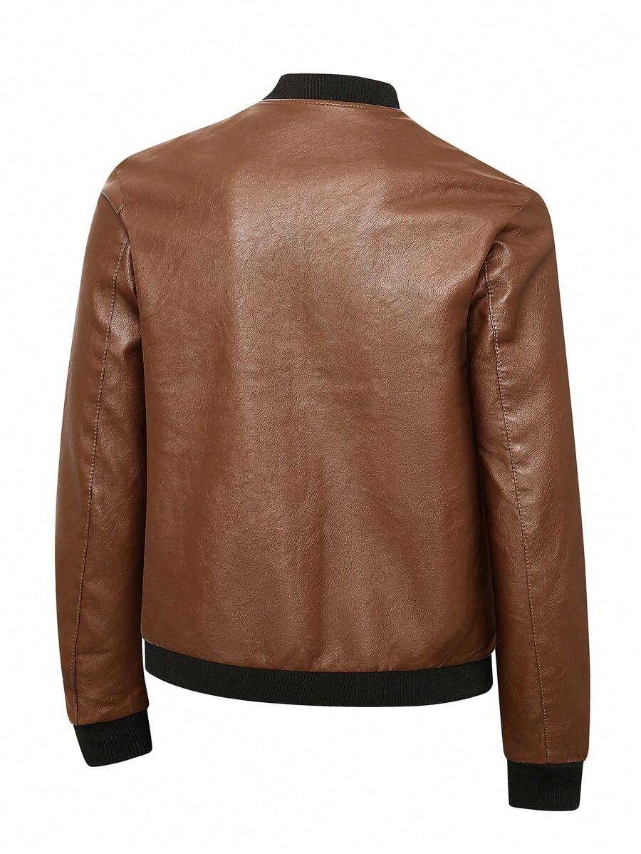 Men's PU Leather Pilot Jacket, Casual Long Sleeve Zippered Baseball Collar Coat With Pockets,Fleece