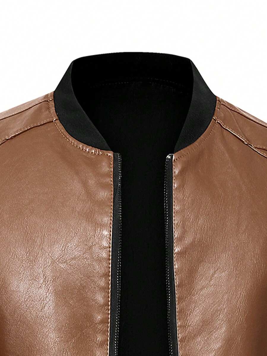 Men's PU Leather Pilot Jacket, Casual Long Sleeve Zippered Baseball Collar Coat With Pockets,Fleece