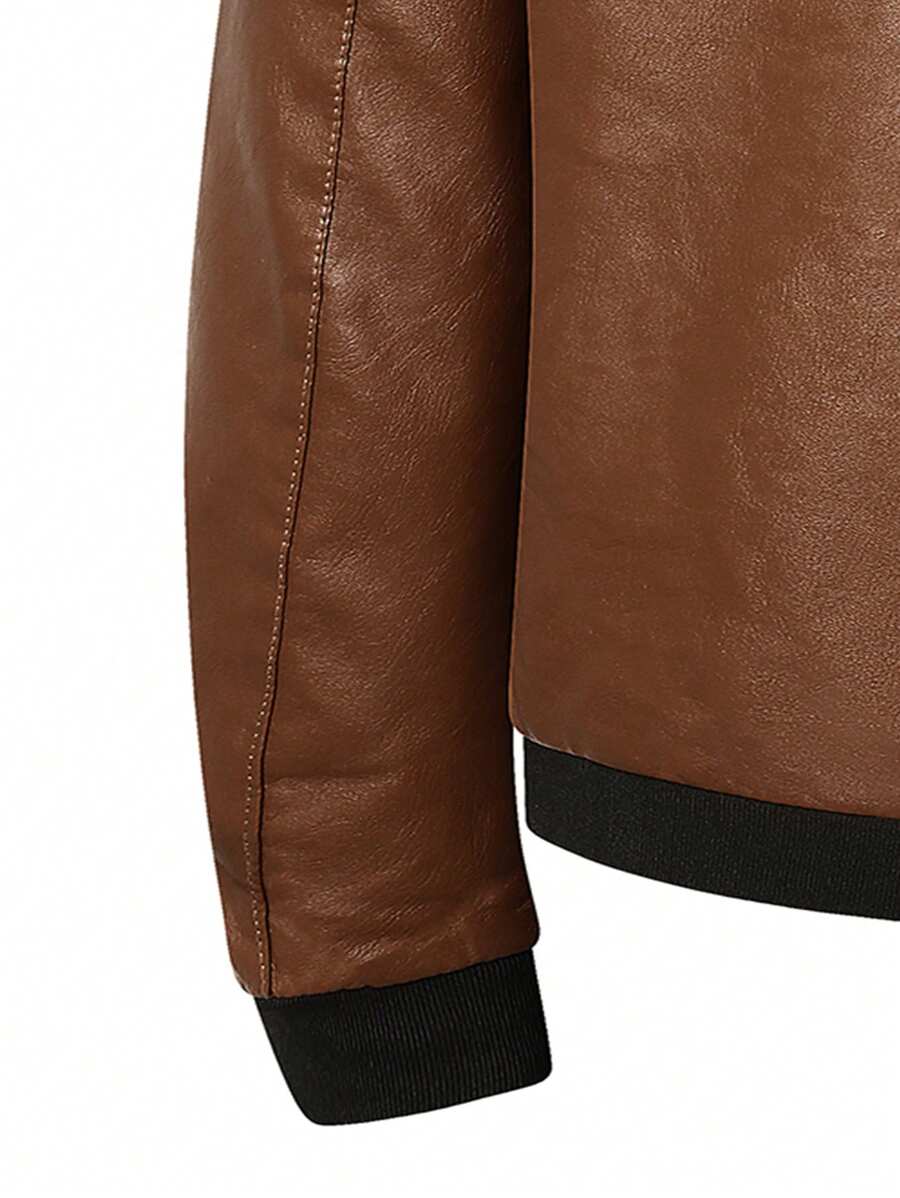 Men's PU Leather Pilot Jacket, Casual Long Sleeve Zippered Baseball Collar Coat With Pockets,Fleece