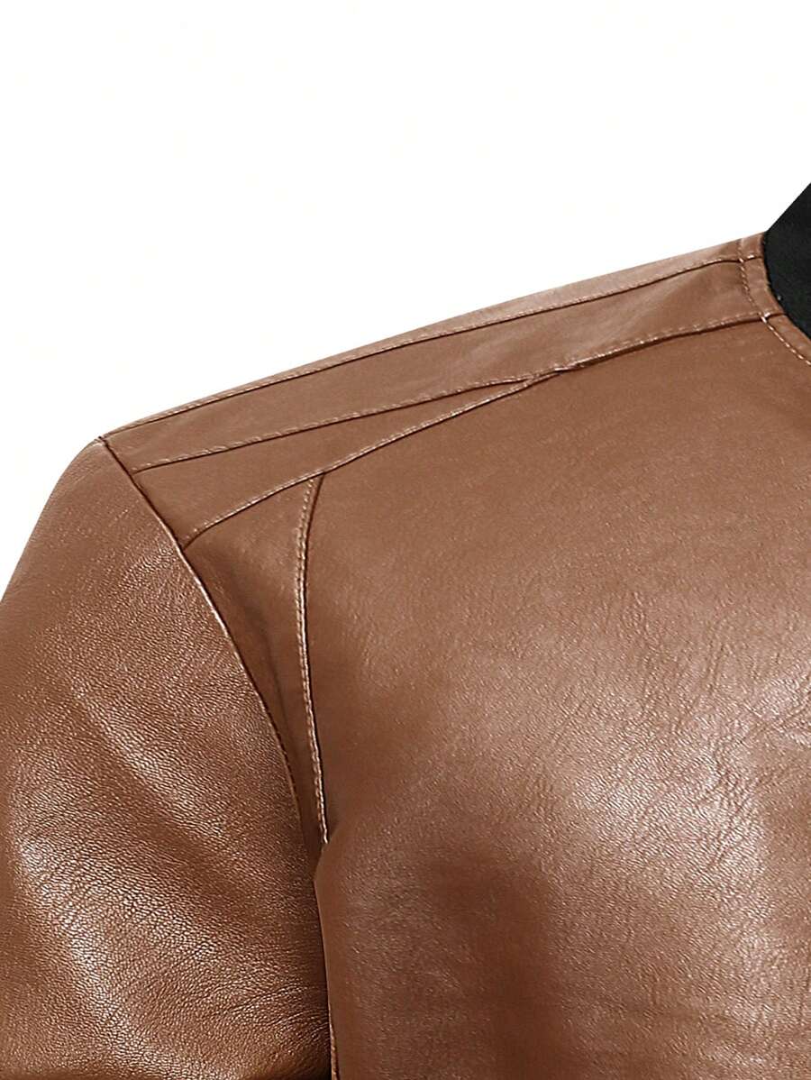 Men's PU Leather Pilot Jacket, Casual Long Sleeve Zippered Baseball Collar Coat With Pockets,Fleece
