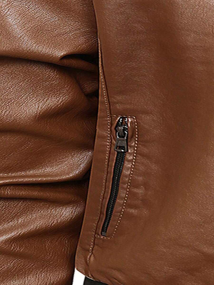 Men's PU Leather Pilot Jacket, Casual Long Sleeve Zippered Baseball Collar Coat With Pockets,Fleece