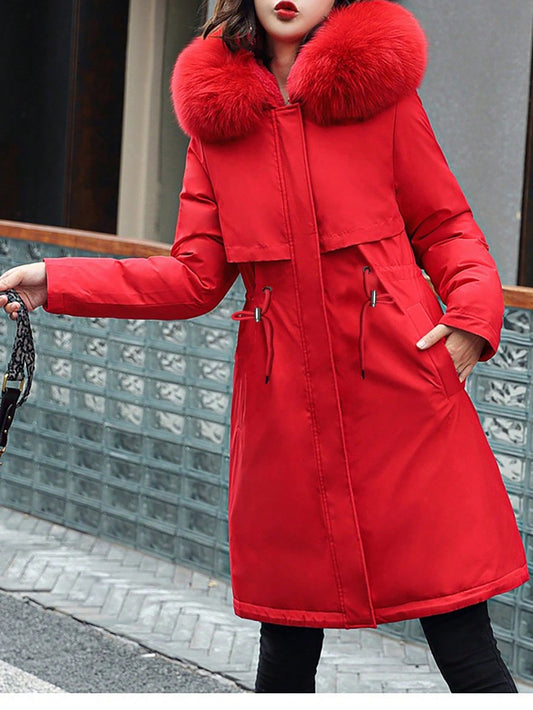 2025 New Winter Down Jacket, Red, Elastic Waist, Mid-Length Slim Fit, Thickened Cold-Proof Outer Wear,