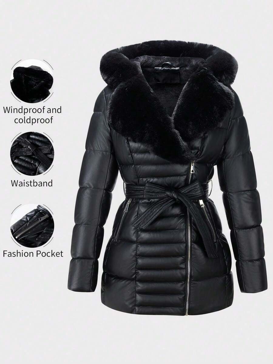 Women's Spring, Fall And Winter PU Simple Clip Jacket Elegant Hooded Jacket Faux Fur Collar Belt Can Be Waisted