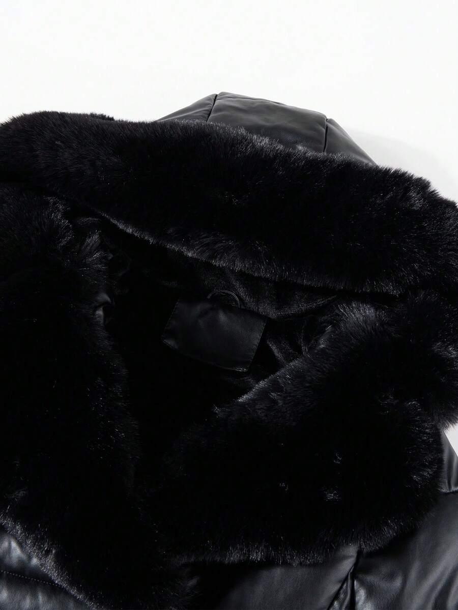 Women's Spring, Fall And Winter PU Simple Clip Jacket Elegant Hooded Jacket Faux Fur Collar Belt Can Be Waisted
