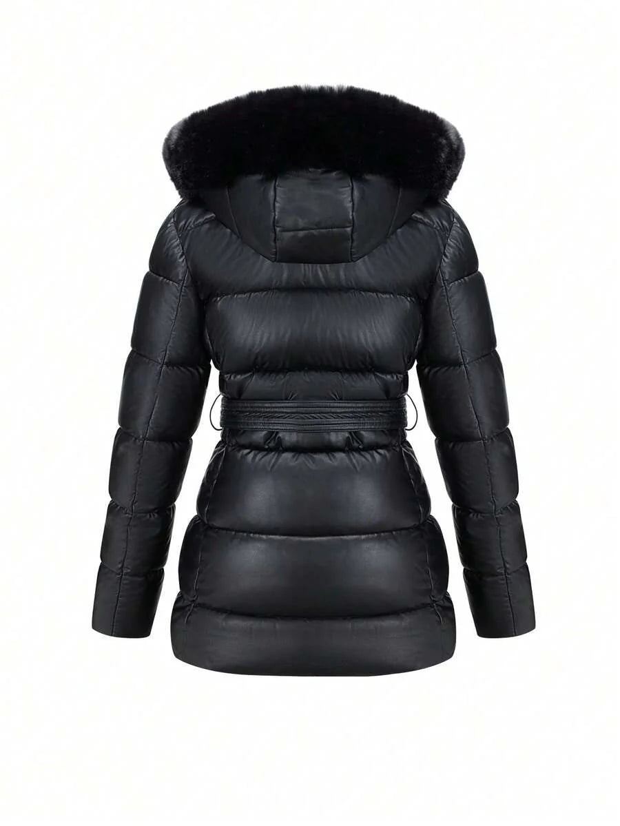 Women's Spring, Fall And Winter PU Simple Clip Jacket Elegant Hooded Jacket Faux Fur Collar Belt Can Be Waisted
