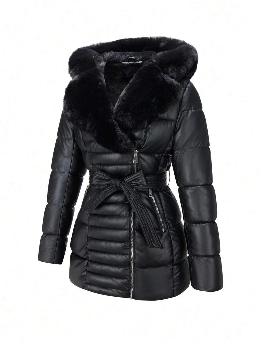 Women's Spring, Fall And Winter PU Simple Clip Jacket Elegant Hooded Jacket Faux Fur Collar Belt Can Be Waisted