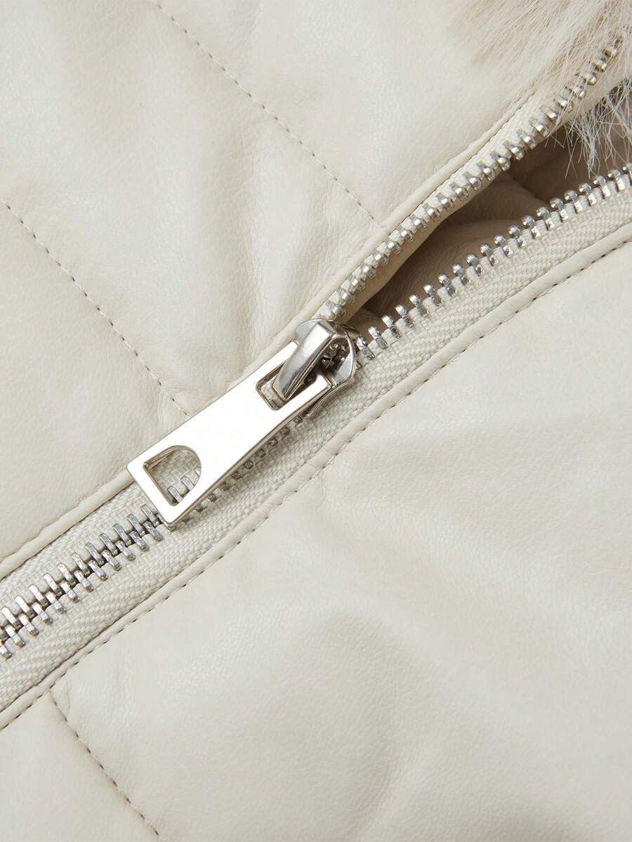 Women's Spring, Fall And Winter PU Simple Clip Jacket Elegant Hooded Jacket Faux Fur Collar Belt Can Be Waisted