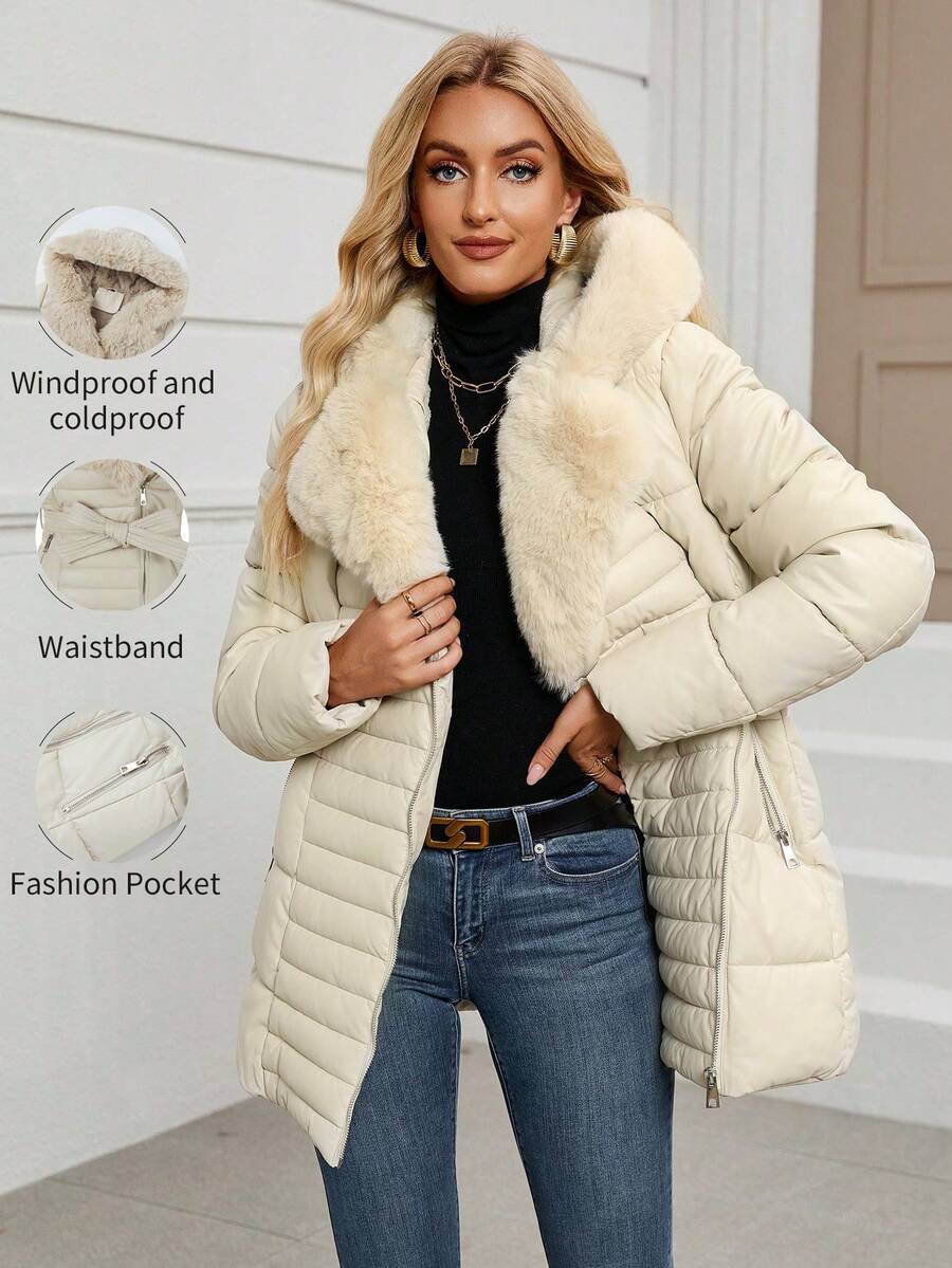 Women's Spring, Fall And Winter PU Simple Clip Jacket Elegant Hooded Jacket Faux Fur Collar Belt Can Be Waisted