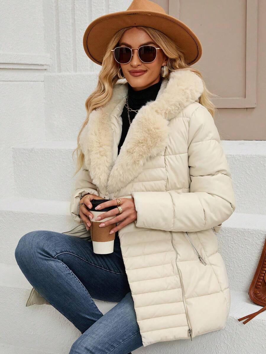 Women's Spring, Fall And Winter PU Simple Clip Jacket Elegant Hooded Jacket Faux Fur Collar Belt Can Be Waisted