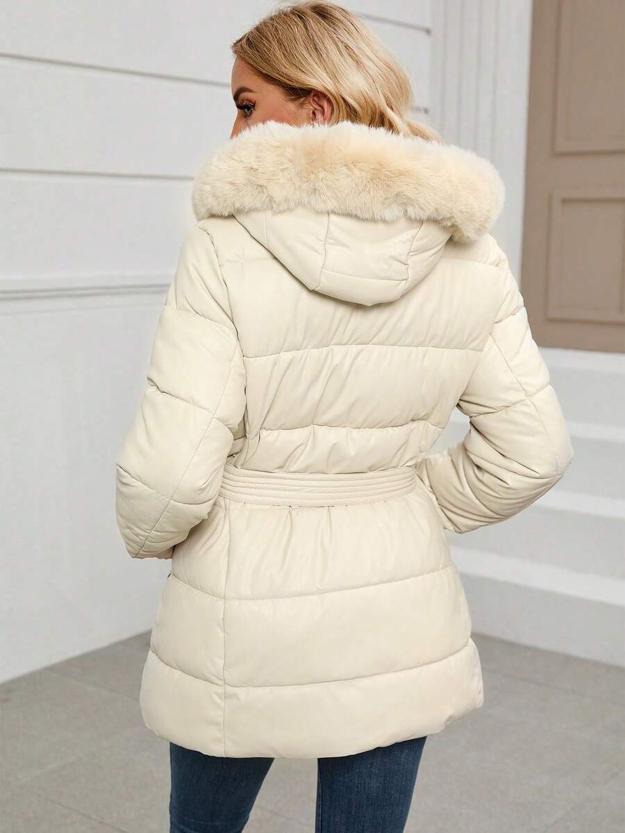 Women's Spring, Fall And Winter PU Simple Clip Jacket Elegant Hooded Jacket Faux Fur Collar Belt Can Be Waisted