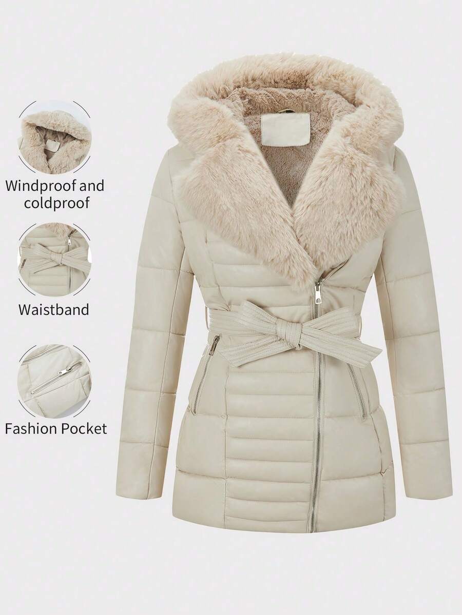 Women's Spring, Fall And Winter PU Simple Clip Jacket Elegant Hooded Jacket Faux Fur Collar Belt Can Be Waisted