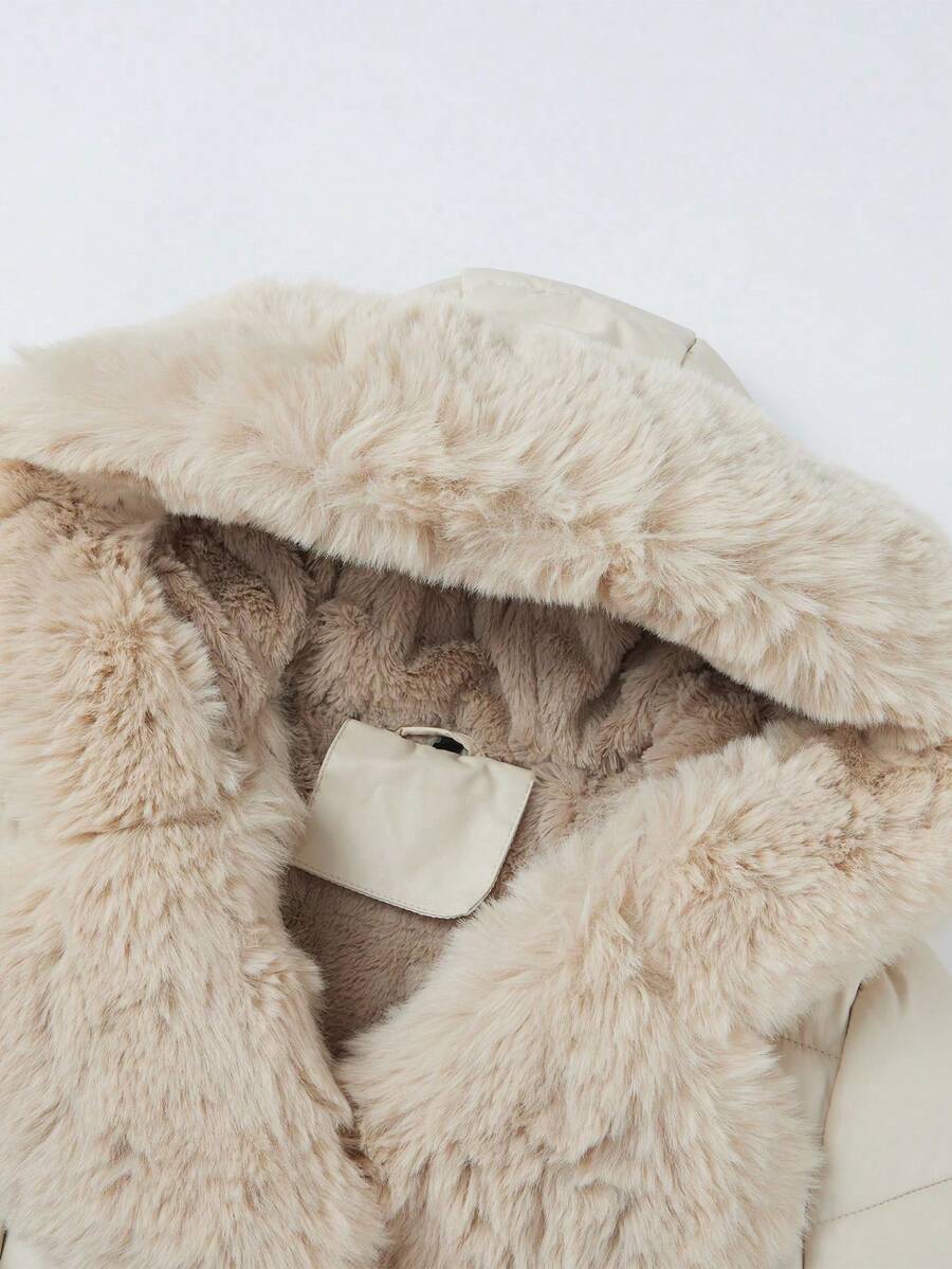 Women's Spring, Fall And Winter PU Simple Clip Jacket Elegant Hooded Jacket Faux Fur Collar Belt Can Be Waisted