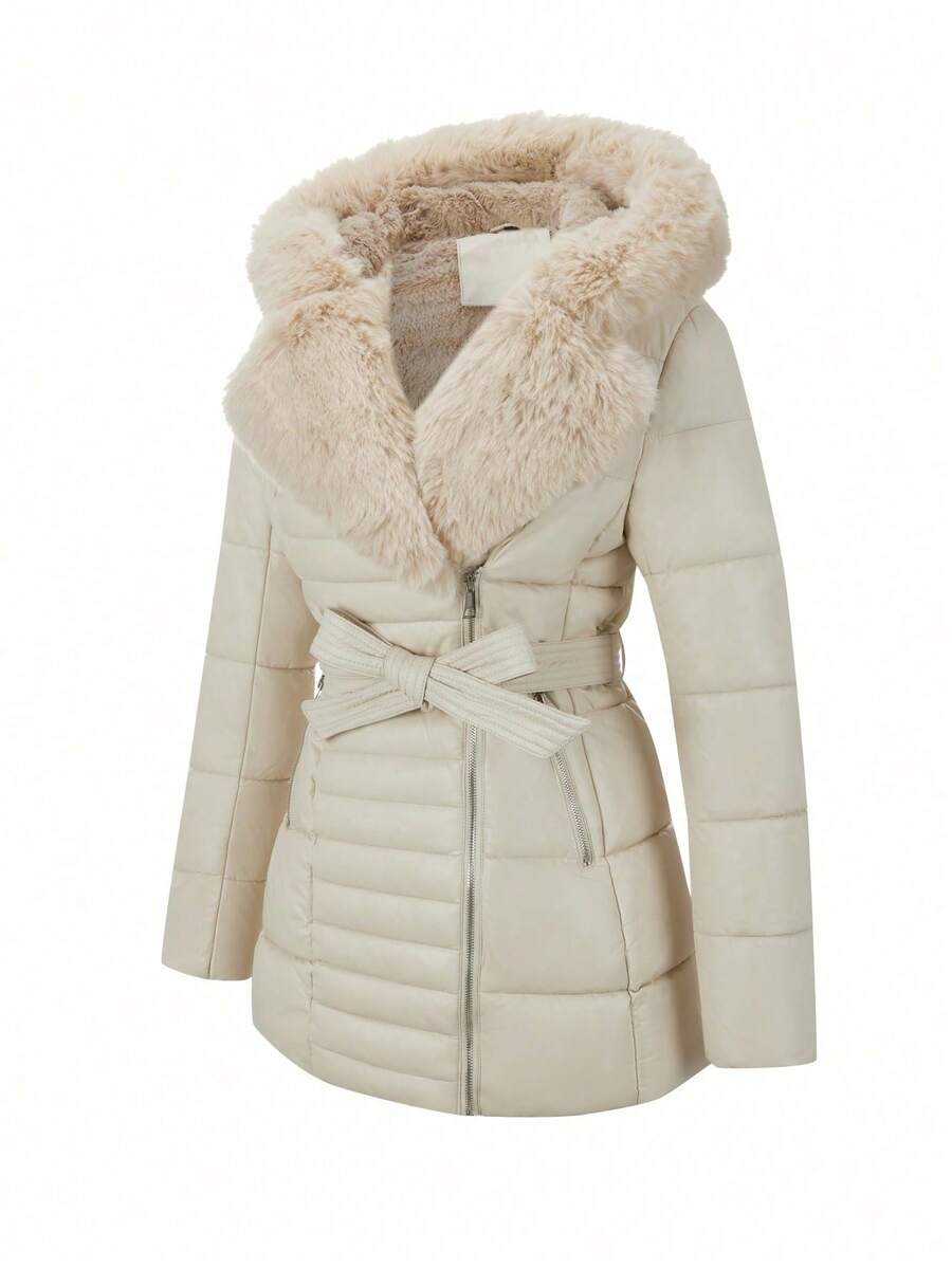 Women's Spring, Fall And Winter PU Simple Clip Jacket Elegant Hooded Jacket Faux Fur Collar Belt Can Be Waisted