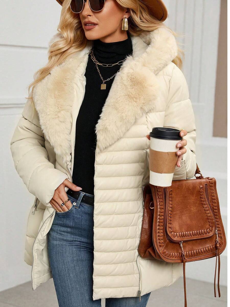 Women's Spring, Fall And Winter PU Simple Clip Jacket Elegant Hooded Jacket Faux Fur Collar Belt Can Be Waisted