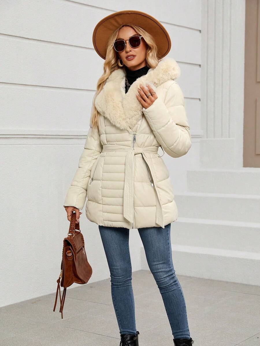 Women's Spring, Fall And Winter PU Simple Clip Jacket Elegant Hooded Jacket Faux Fur Collar Belt Can Be Waisted