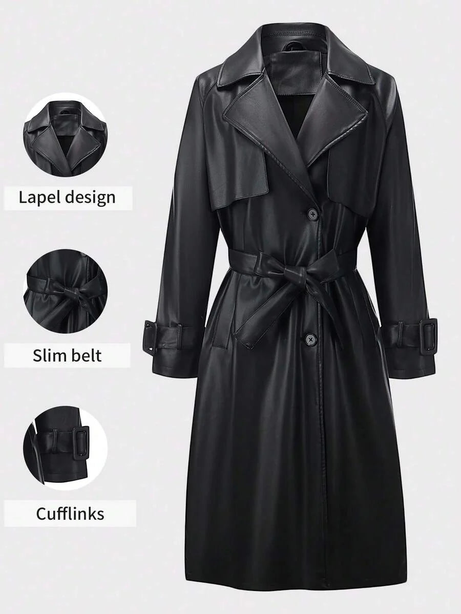 Women's Spring/Autumn PU Long Jacket, Chic Lightweight Trench Coat With Adjustable Belt - Versatile Commuter Jacket