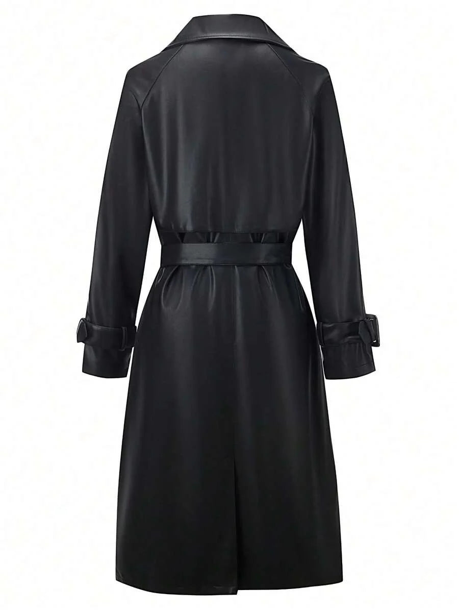 Women's Spring/Autumn PU Long Jacket, Chic Lightweight Trench Coat With Adjustable Belt - Versatile Commuter Jacket