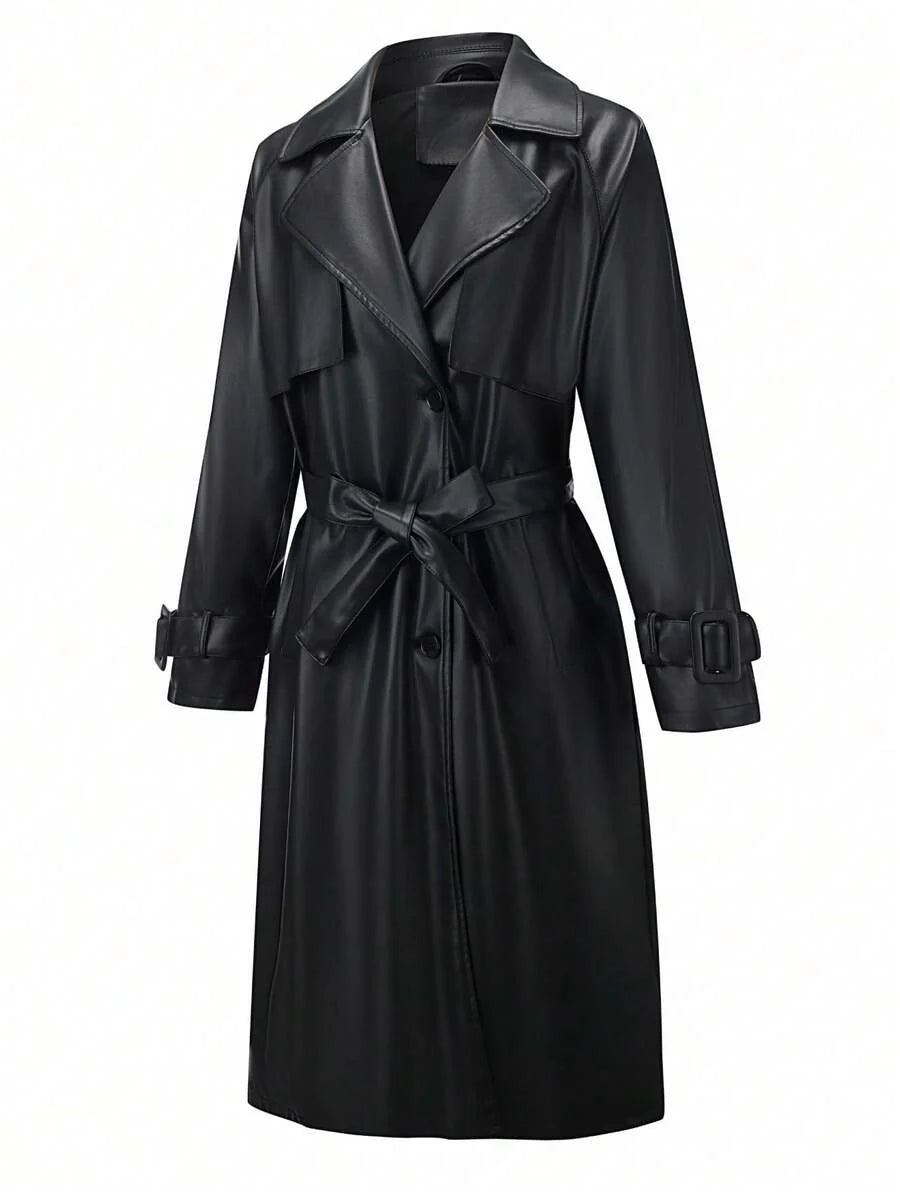 Women's Spring/Autumn PU Long Jacket, Chic Lightweight Trench Coat With Adjustable Belt - Versatile Commuter Jacket
