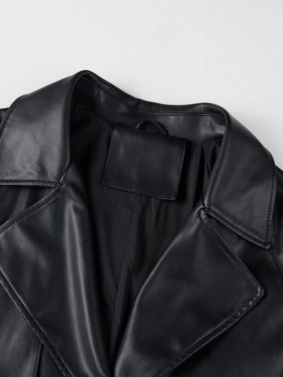 Women's Spring/Autumn PU Long Jacket, Chic Lightweight Trench Coat With Adjustable Belt - Versatile Commuter Jacket