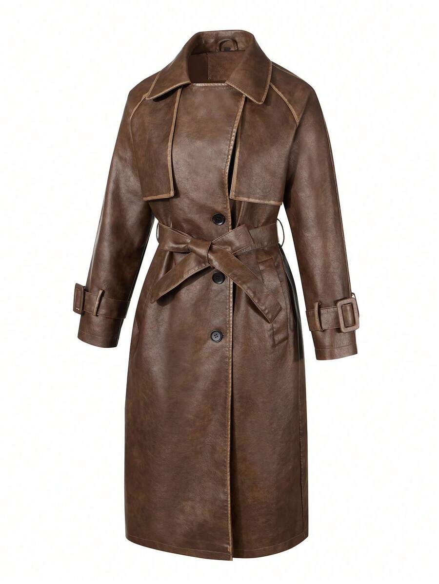 Women's Spring/Autumn PU Long Jacket, Chic Lightweight Trench Coat With Adjustable Belt - Versatile Commuter Jacket