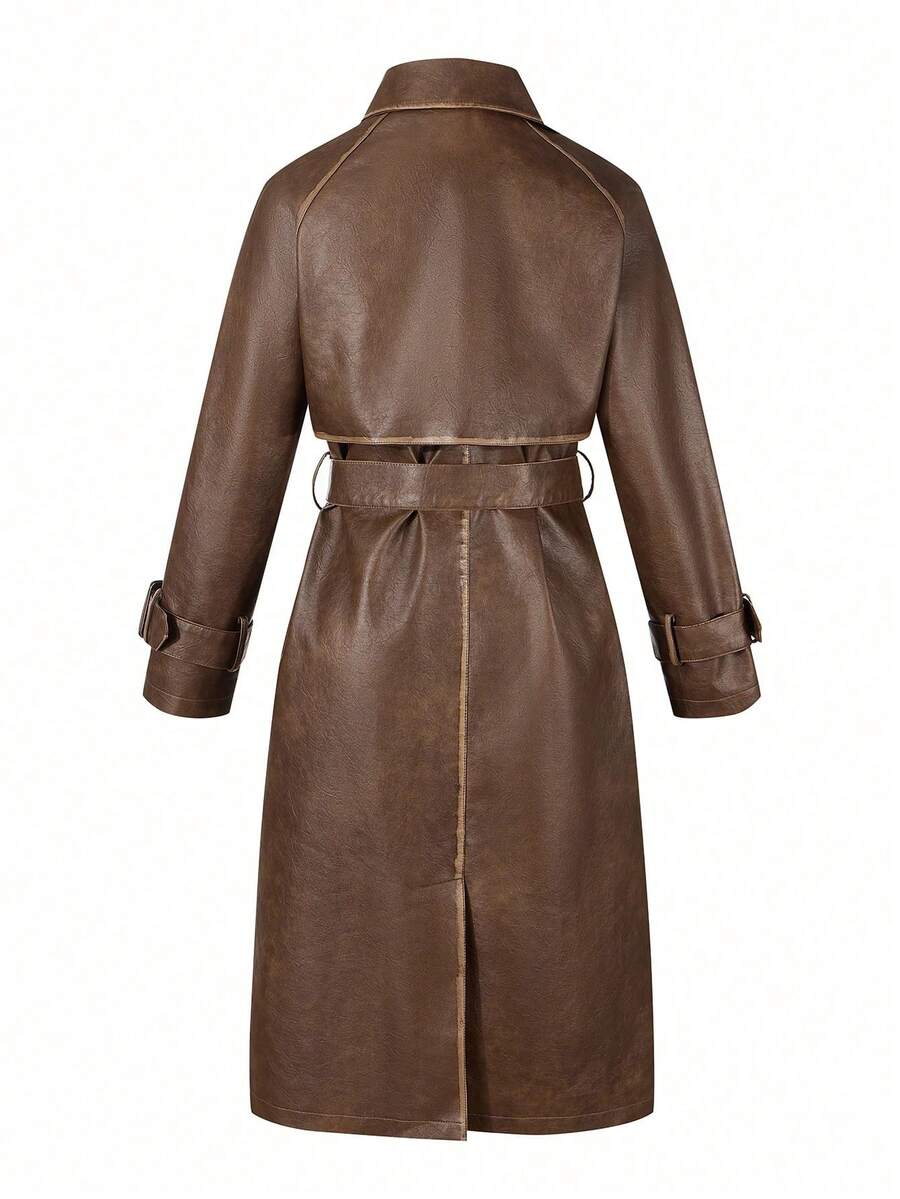 Women's Spring/Autumn PU Long Jacket, Chic Lightweight Trench Coat With Adjustable Belt - Versatile Commuter Jacket
