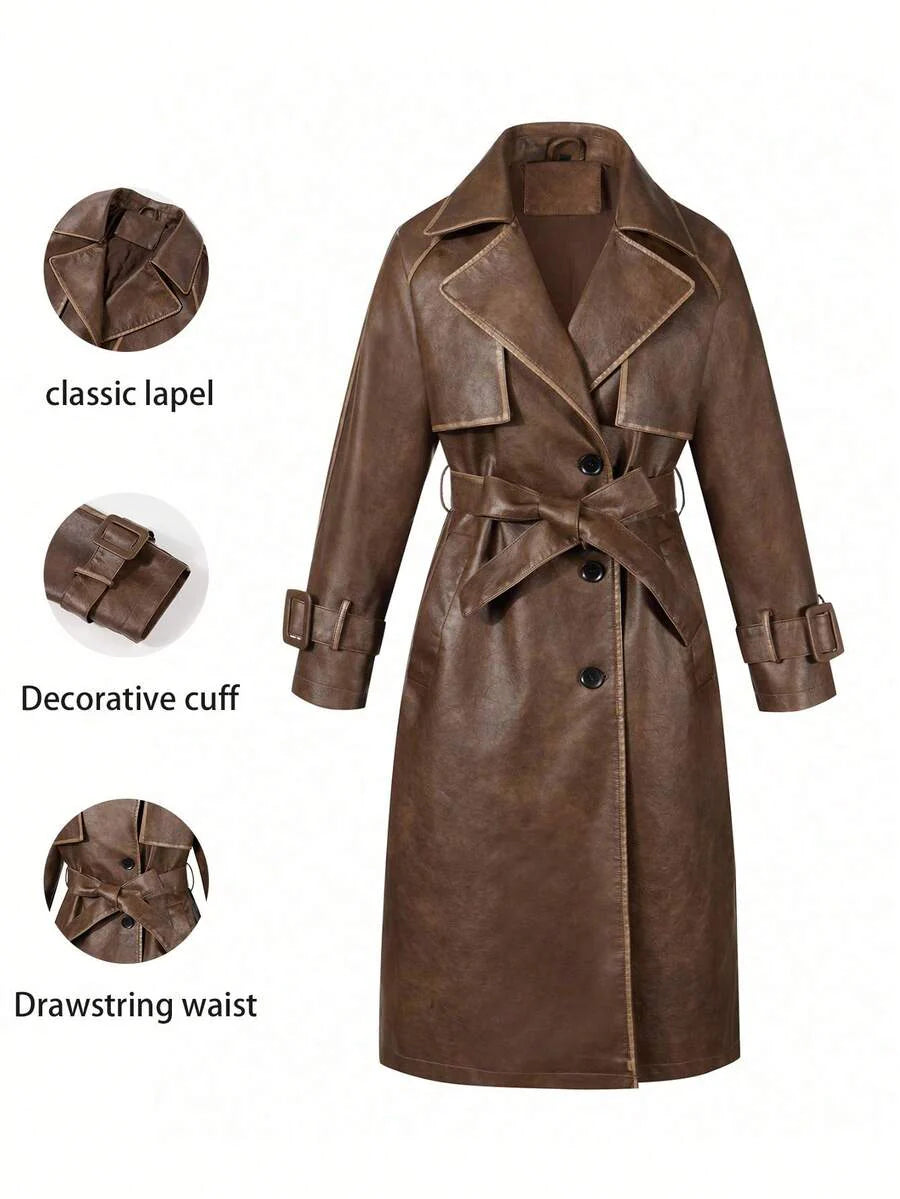 Women's Spring/Autumn PU Long Jacket, Chic Lightweight Trench Coat With Adjustable Belt - Versatile Commuter Jacket