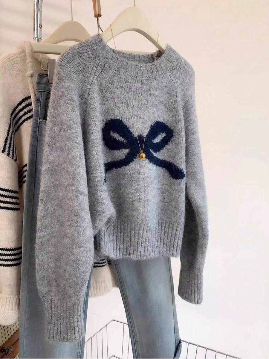 Bow Knit Pullover Sweater, Ribbed Crew Neck Cute Sweater For Women, Autumn