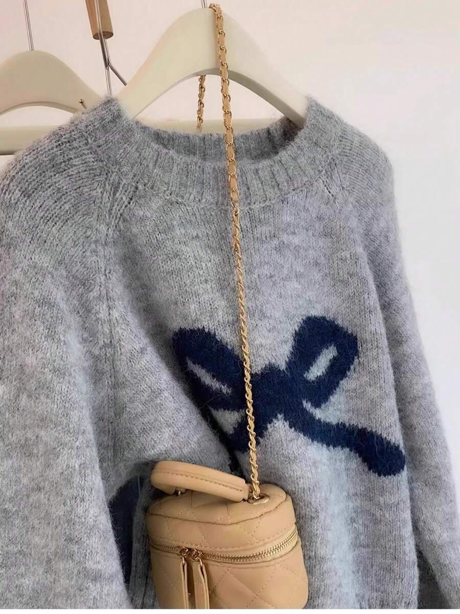 Bow Knit Pullover Sweater, Ribbed Crew Neck Cute Sweater For Women, Autumn