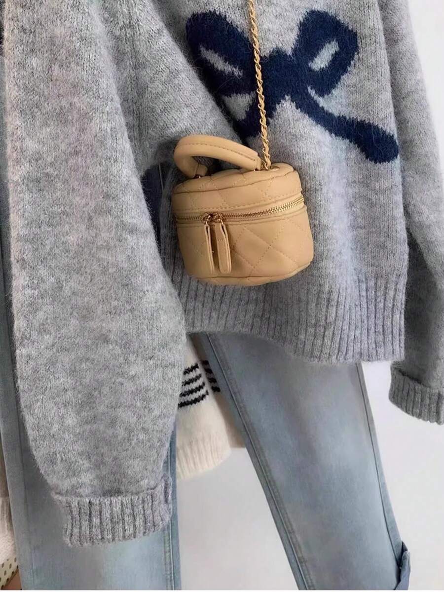 Bow Knit Pullover Sweater, Ribbed Crew Neck Cute Sweater For Women, Autumn