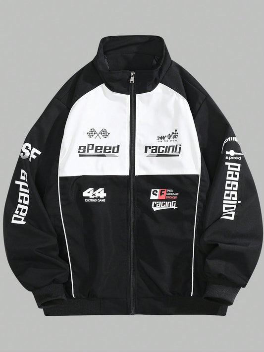 1pc Men's Letter Print Long Sleeve Jacket, Stand Collar Zipper Closure Sportswear, Motorcycle Racing Style, Autumn, Grunge