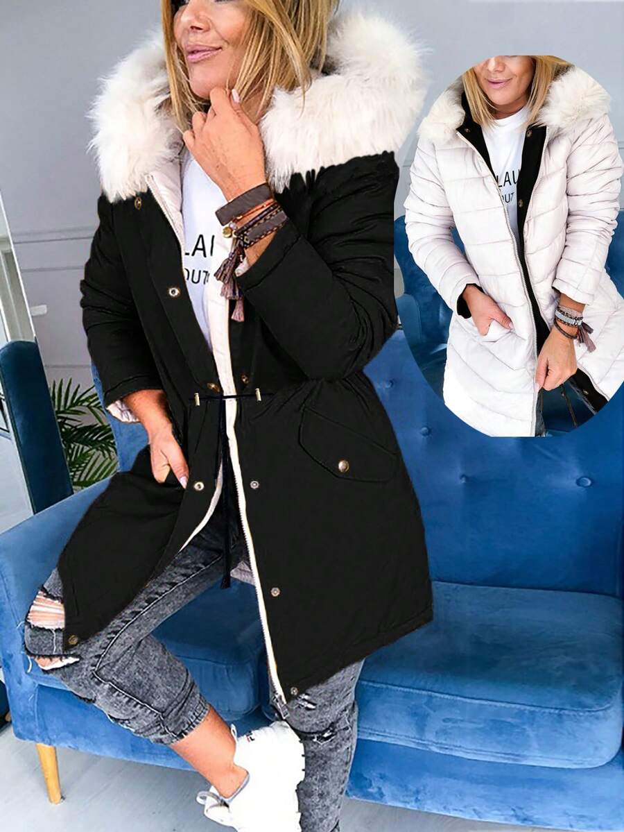 Women's Reversible Long Sleeve Coat With Fur Collar, For Autumn/Winter