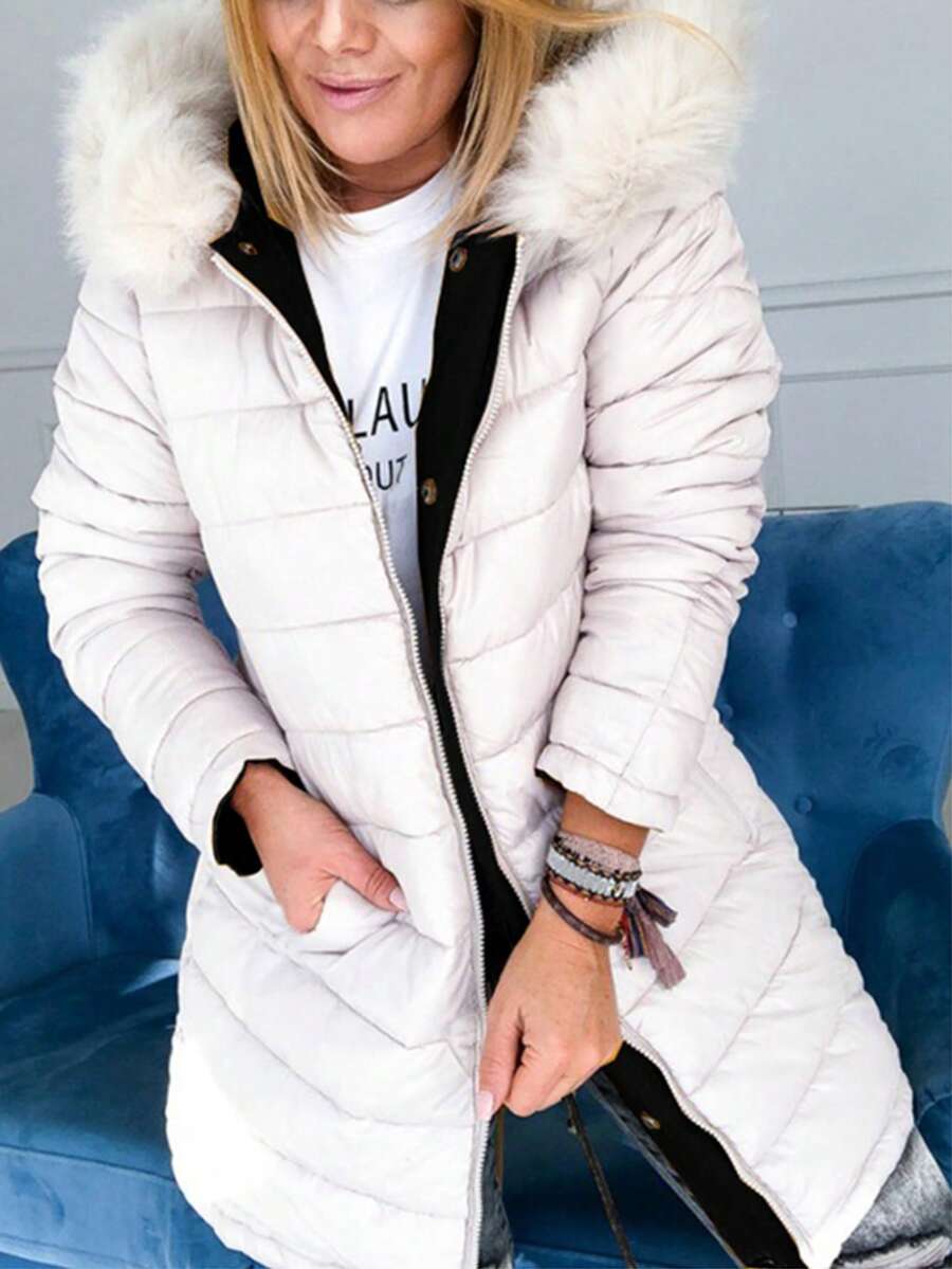 Women's Reversible Long Sleeve Coat With Fur Collar, For Autumn/Winter
