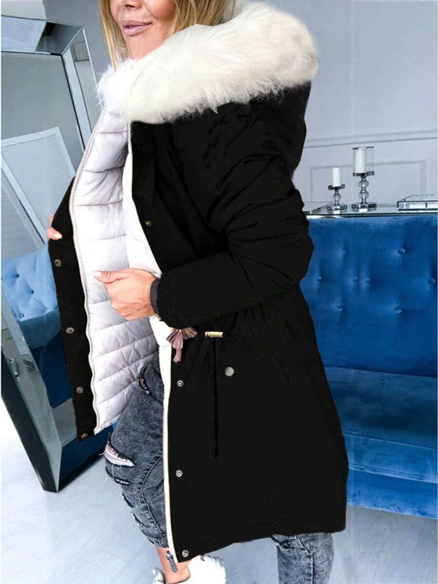 Women's Reversible Long Sleeve Coat With Fur Collar, For Autumn/Winter