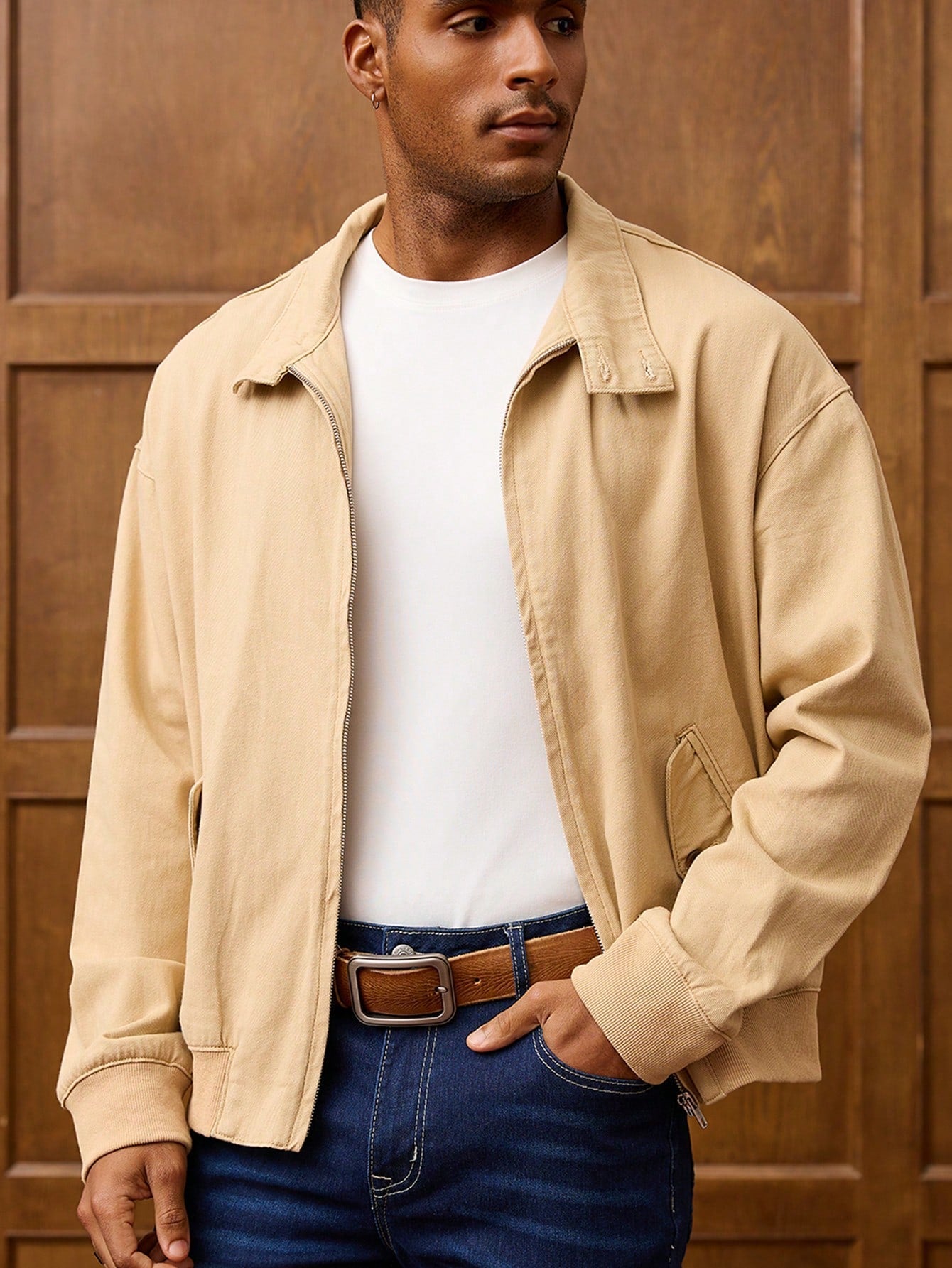 Manfinity Homme Men's Business Casual Zip-Front Harrington Denim Jacket Spring For Men