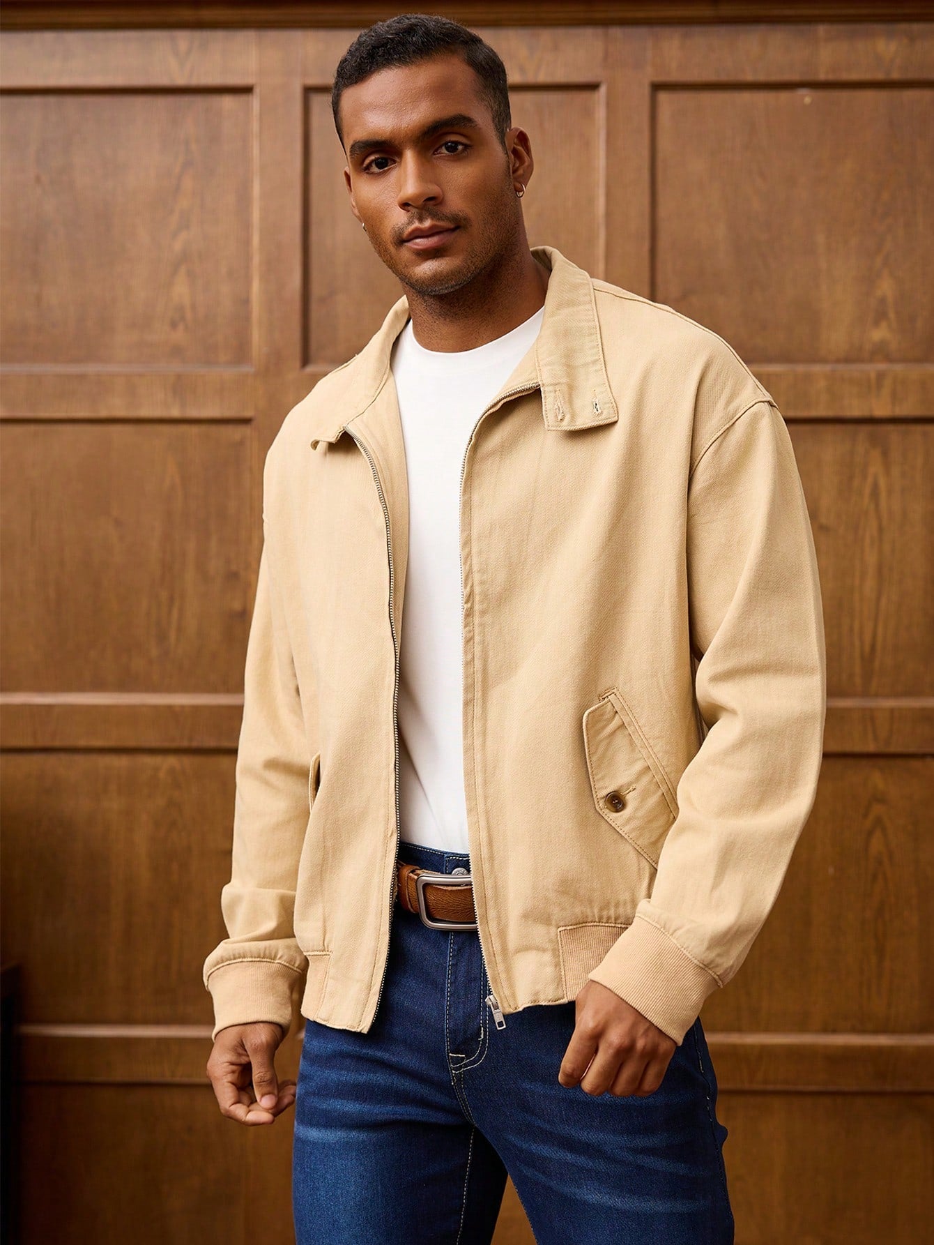 Manfinity Homme Men's Business Casual Zip-Front Harrington Denim Jacket Spring For Men