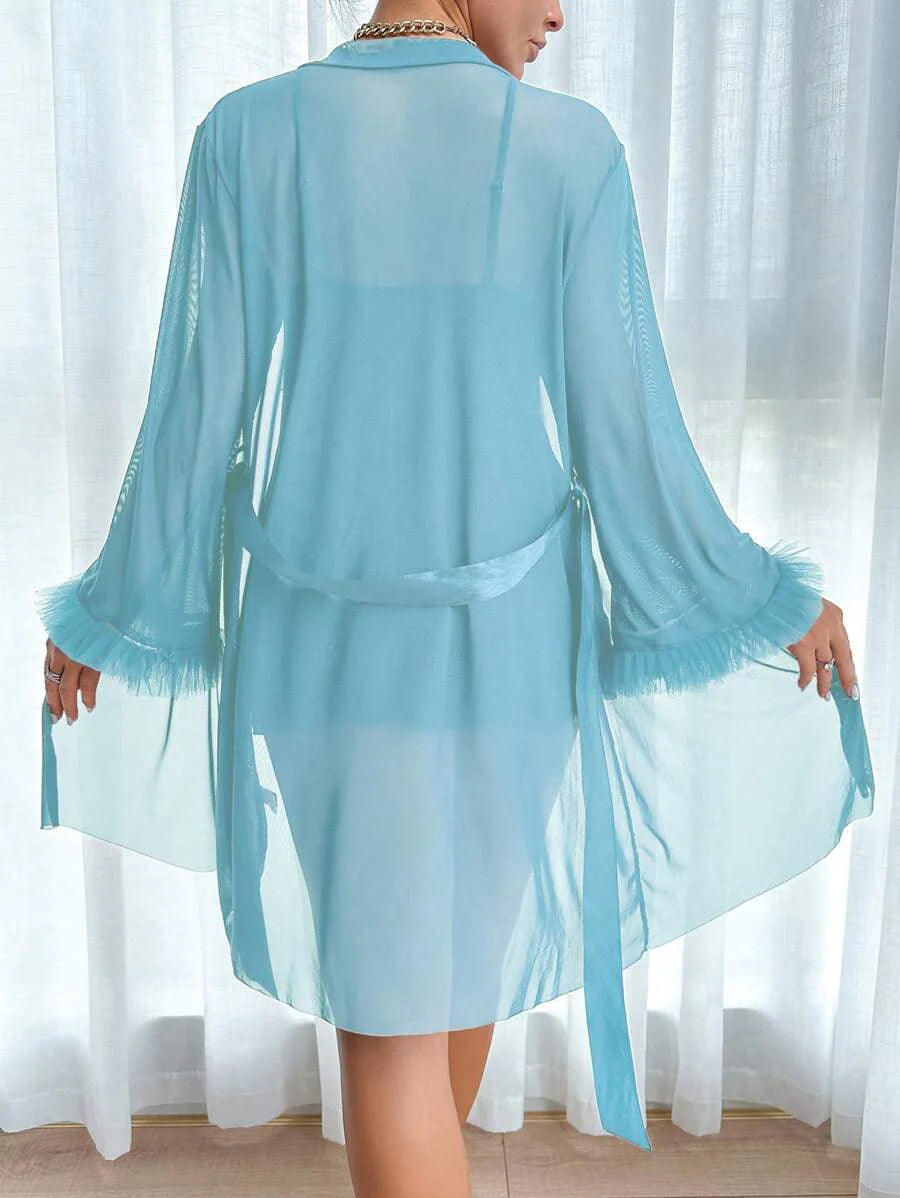 Slumberist 2pcs Set: Fishbone Style Cinch Waist Lace Cami Nightgown