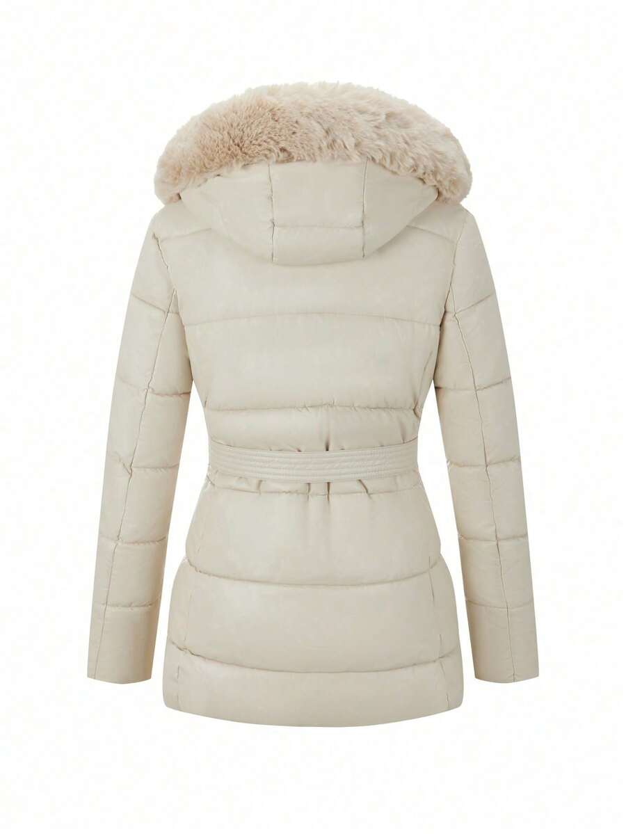 Women's Spring, Fall And Winter PU Simple Clip Jacket Elegant Hooded Jacket Faux Fur Collar Belt Can Be Waisted