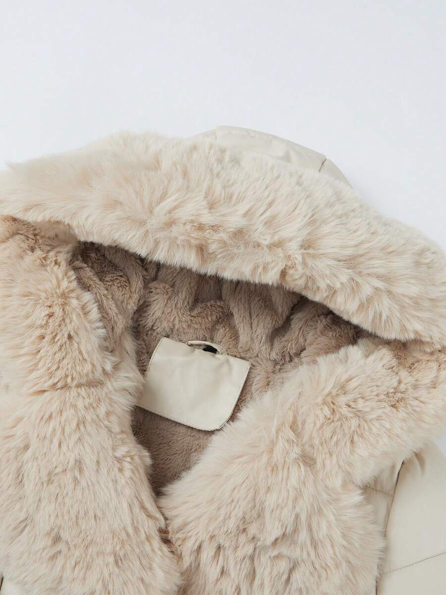 Women's Spring, Fall And Winter PU Simple Clip Jacket Elegant Hooded Jacket Faux Fur Collar Belt Can Be Waisted