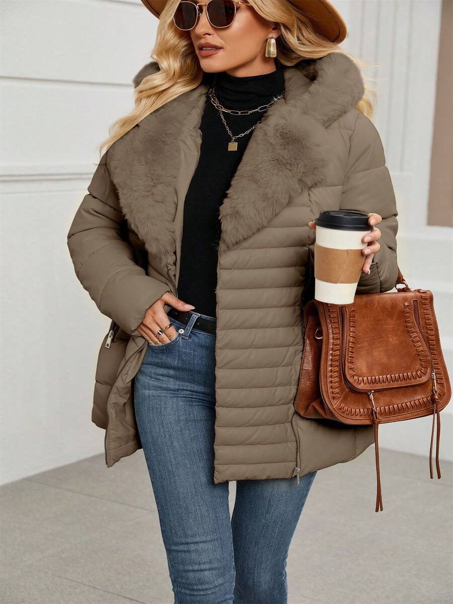 Women's Spring, Fall And Winter PU Simple Clip Jacket Elegant Hooded Jacket Faux Fur Collar Belt Can Be Waisted