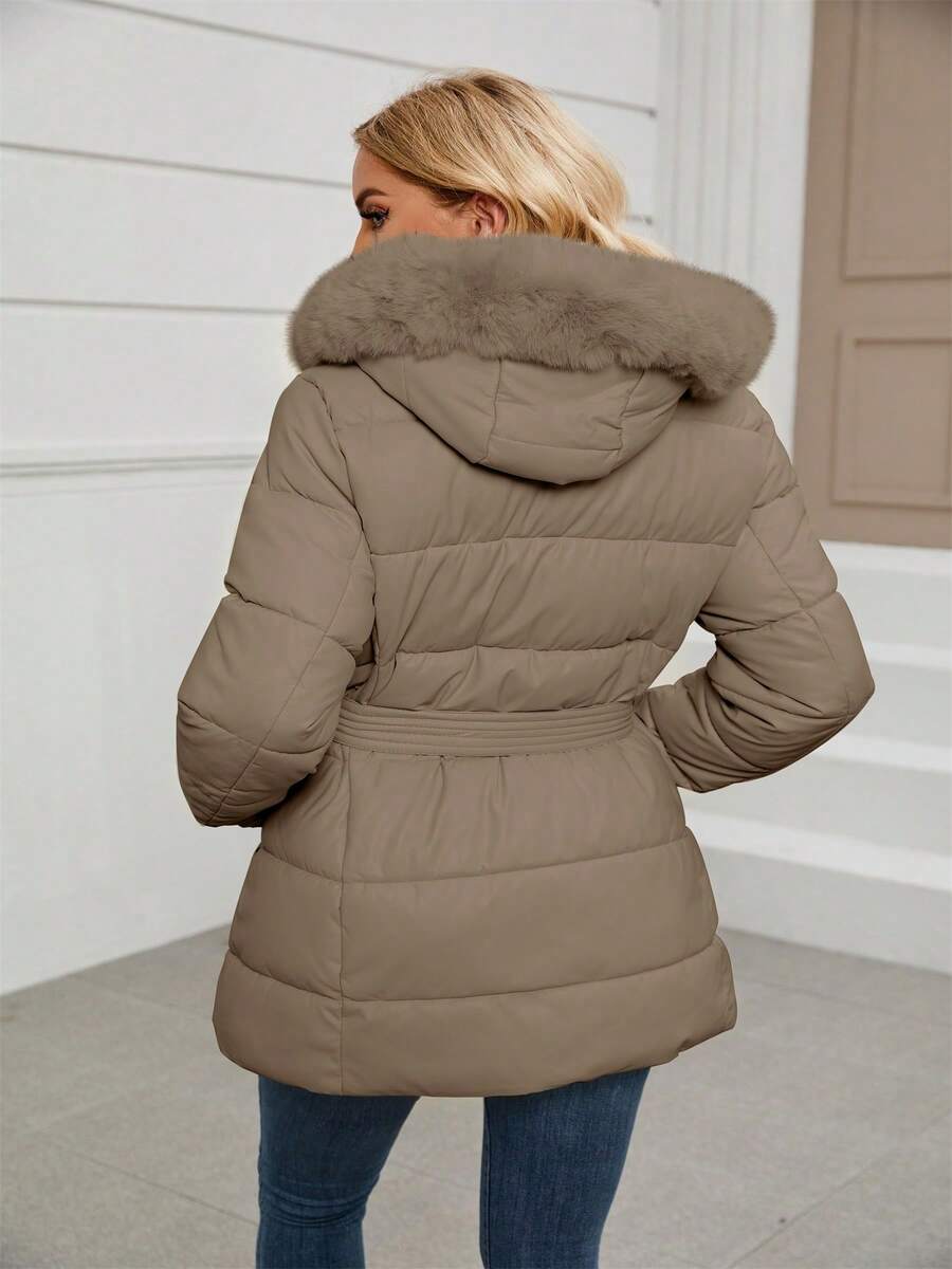 Women's Spring, Fall And Winter PU Simple Clip Jacket Elegant Hooded Jacket Faux Fur Collar Belt Can Be Waisted