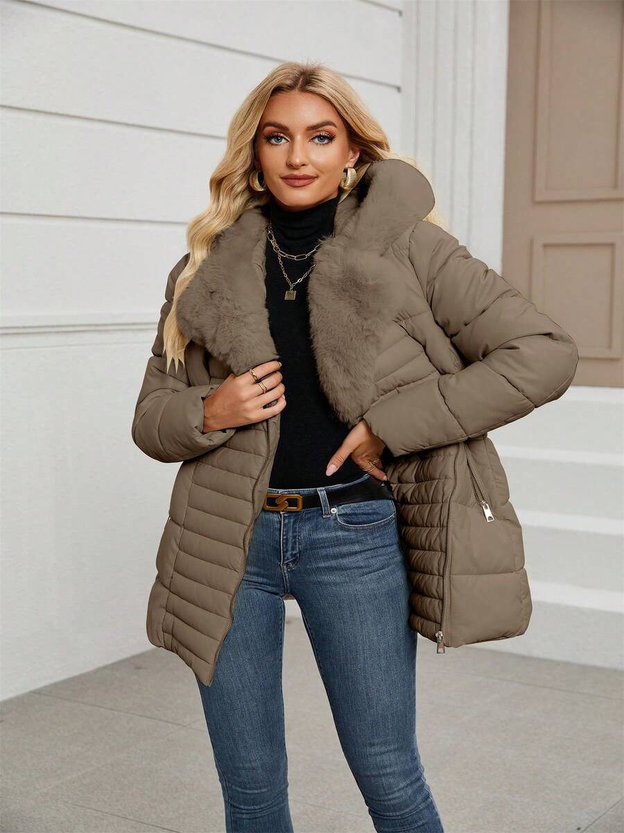 Women's Spring, Fall And Winter PU Simple Clip Jacket Elegant Hooded Jacket Faux Fur Collar Belt Can Be Waisted