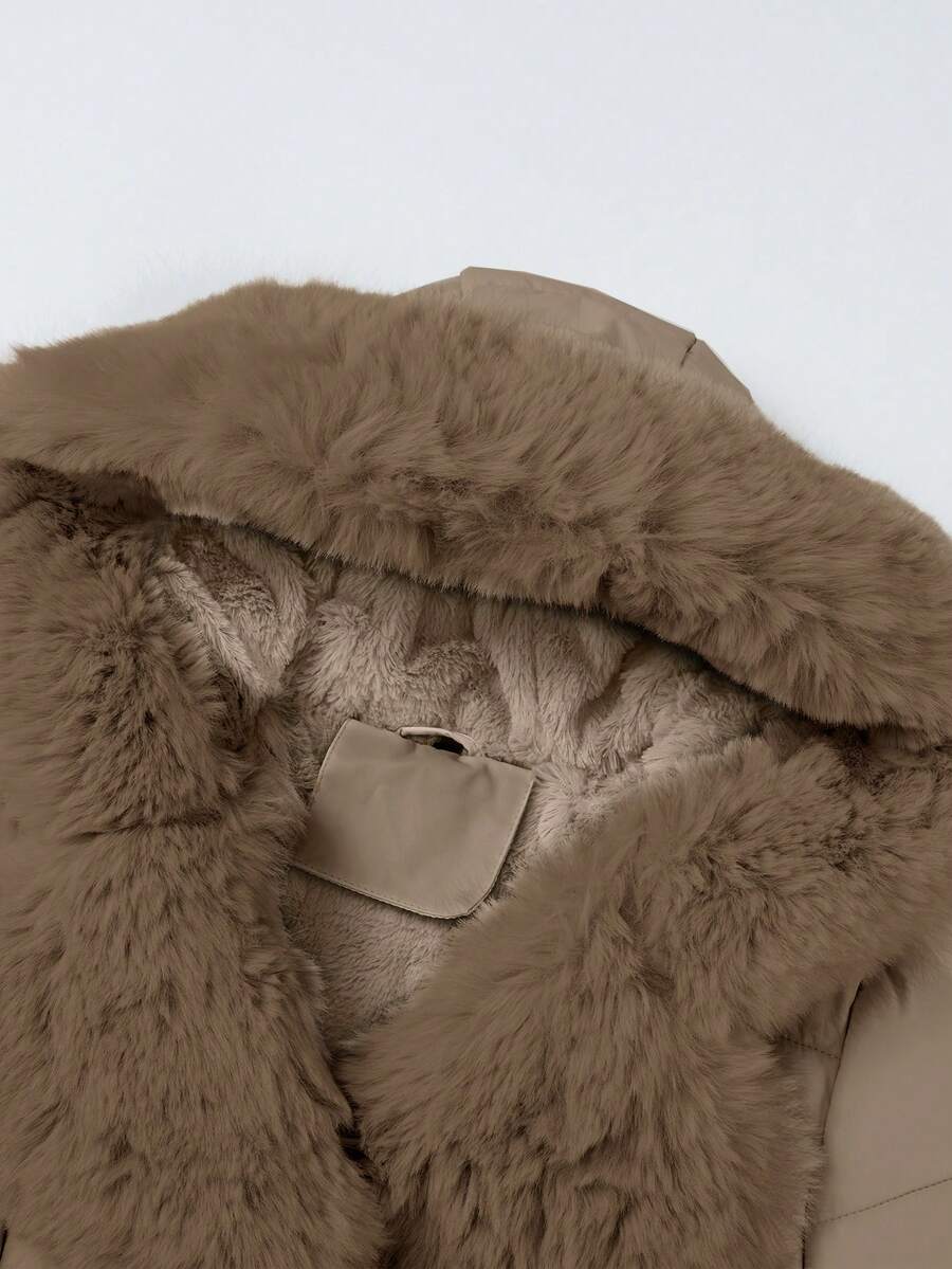 Women's Spring, Fall And Winter PU Simple Clip Jacket Elegant Hooded Jacket Faux Fur Collar Belt Can Be Waisted