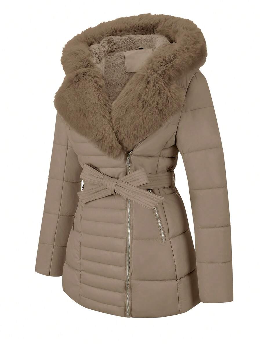 Women's Spring, Fall And Winter PU Simple Clip Jacket Elegant Hooded Jacket Faux Fur Collar Belt Can Be Waisted