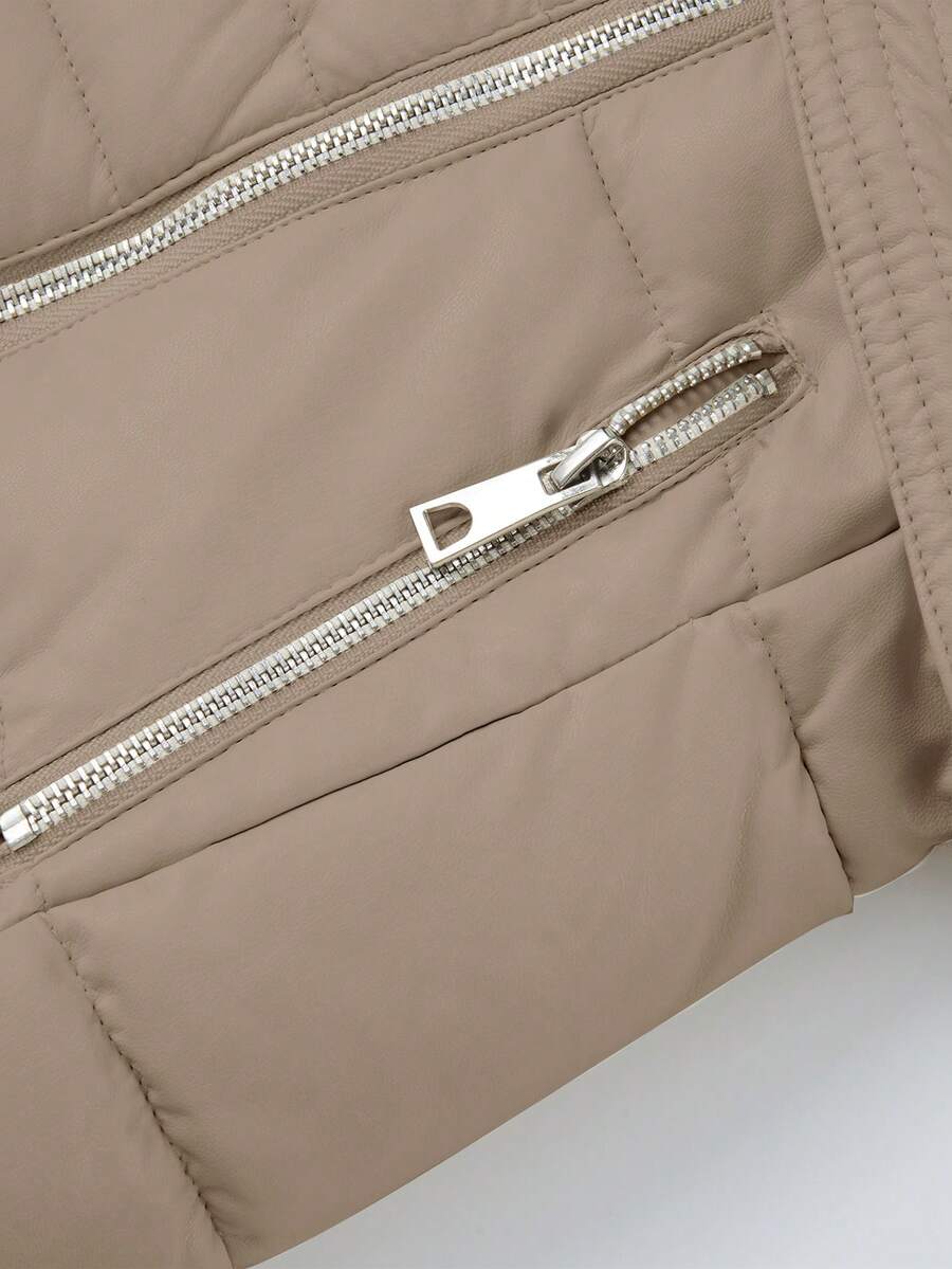 Women's Spring, Fall And Winter PU Simple Clip Jacket Elegant Hooded Jacket Faux Fur Collar Belt Can Be Waisted
