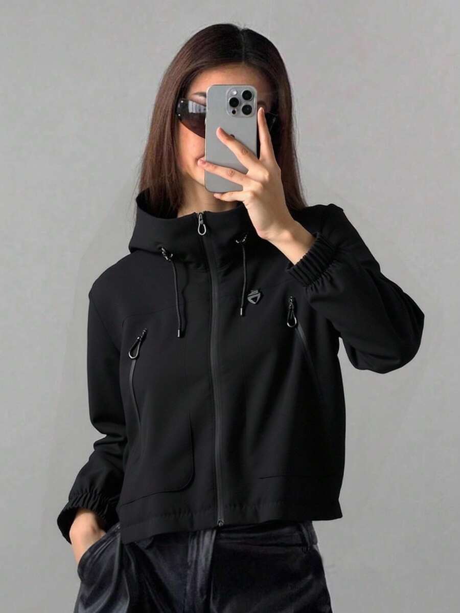 1pc Women's Short Jacket, Spring Lightweight Hooded Multi-Pocket Windbreaker, Water-Resistant Zipper Casual Outdoor
