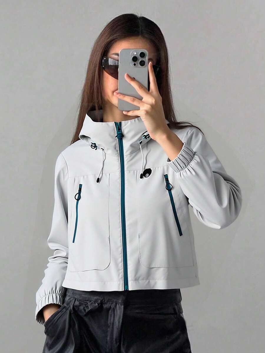 1pc Women's Short Jacket, Spring Lightweight Hooded Multi-Pocket Windbreaker, Water-Resistant Zipper Casual Outdoor