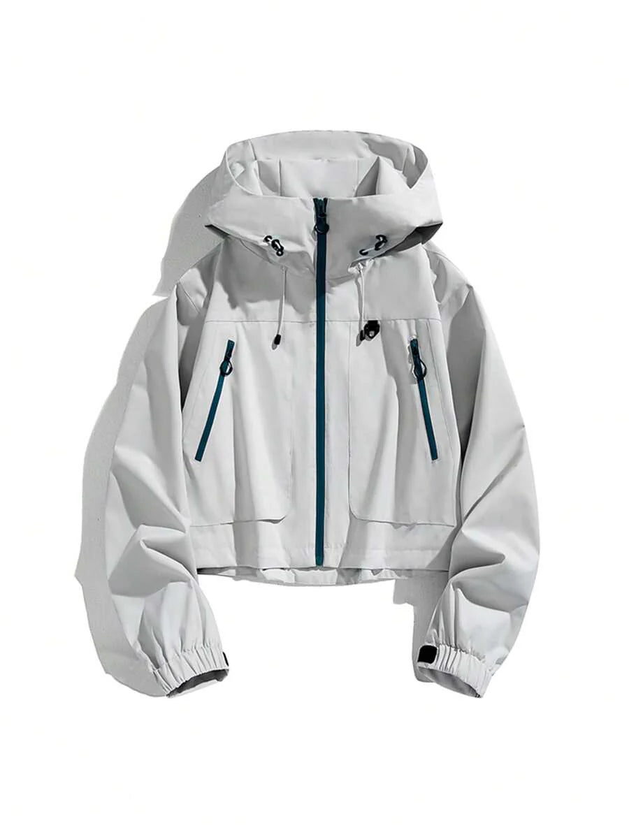 1pc Women's Short Jacket, Spring Lightweight Hooded Multi-Pocket Windbreaker, Water-Resistant Zipper Casual Outdoor