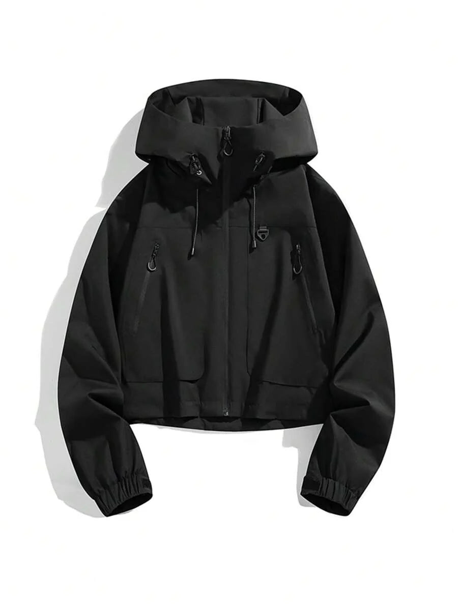 1pc Women's Short Jacket, Spring Lightweight Hooded Multi-Pocket Windbreaker, Water-Resistant Zipper Casual Outdoor
